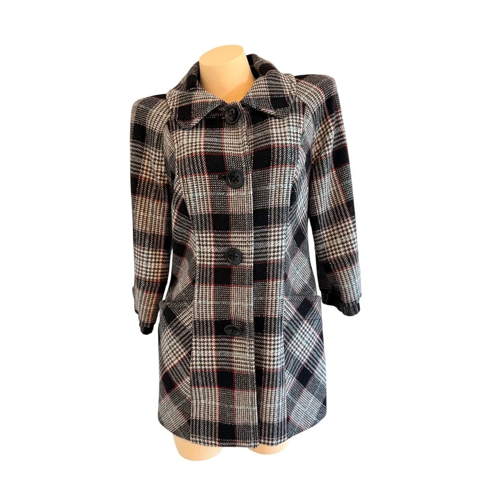 Guess Jeans Plaid Wool Blend Coat Womens L Black White Red Preppy Academia - Picture 3 of 16